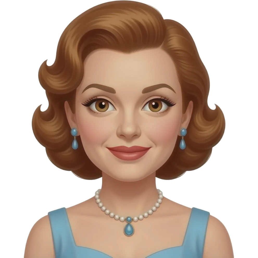 Judy Garland with brown eyes, auburn 40s pin-up hair, light blue hollywood dress, necklace and earrings emoji