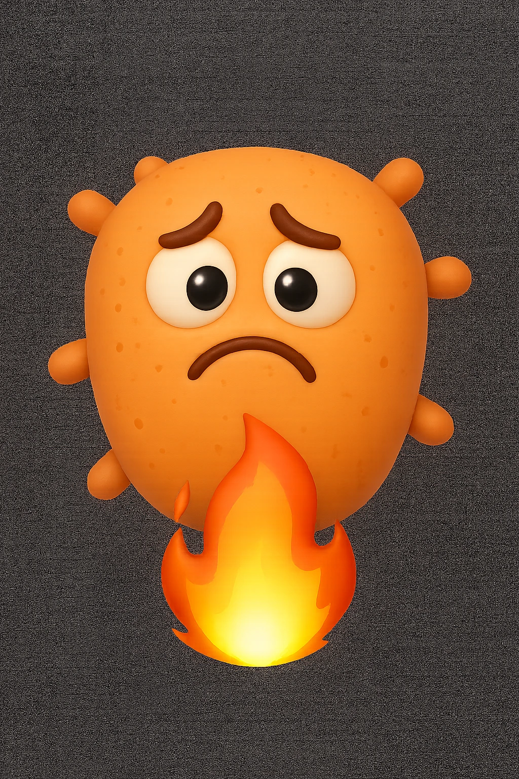 EMOJI STILE IPHONE 3D DI BATTERI INTESTINALI 3D CON ESPRESSIONE TRISTE  IN VOLTO MENTRE SOTTO DI LORO BRUCIA UNA FIAMMA, FAGLI ANCHE LA PARTE BIANCA DEGLI OCCHI, NON SOLO LA PUPILLA emoji