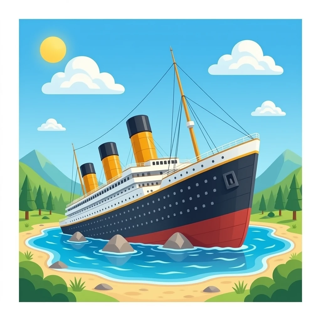 The sunken ship Titanic floats above a shallow pool of water emoji