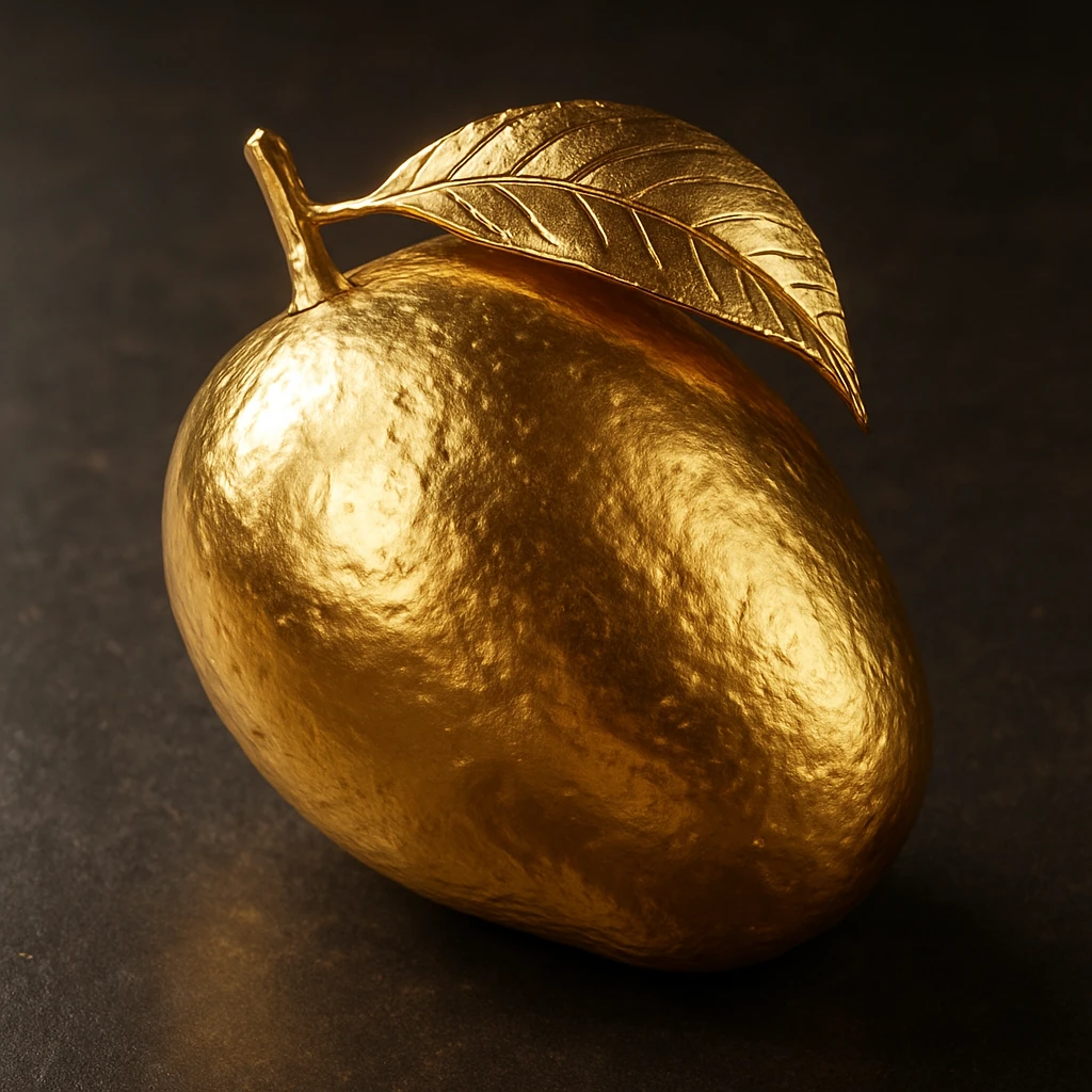 A mango made out of solid gold, realistic and shiny, with intricate details, 3D rendering, photorealistic style emoji
