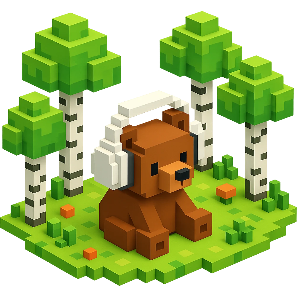 березовый лес, в котором сидит бурый медвежонок в белых наушниках (наушники должны закрывать уши медведя), no background  emoji