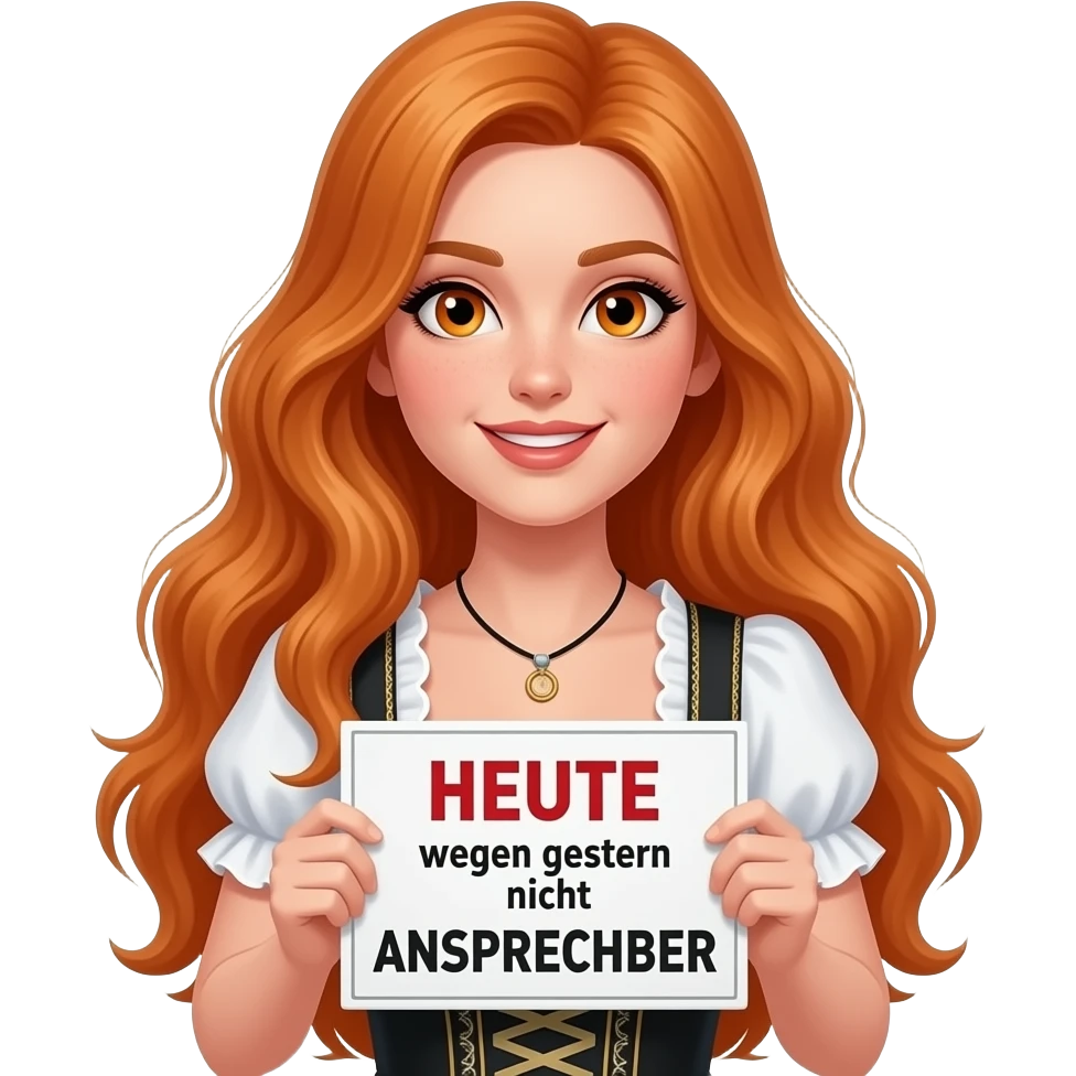 sexy girl with overlong ginger hair and ginger eyes wearing a dirndl holding HEUTE wegen GESTERN nicht ANSPRECHBAR sign emoji