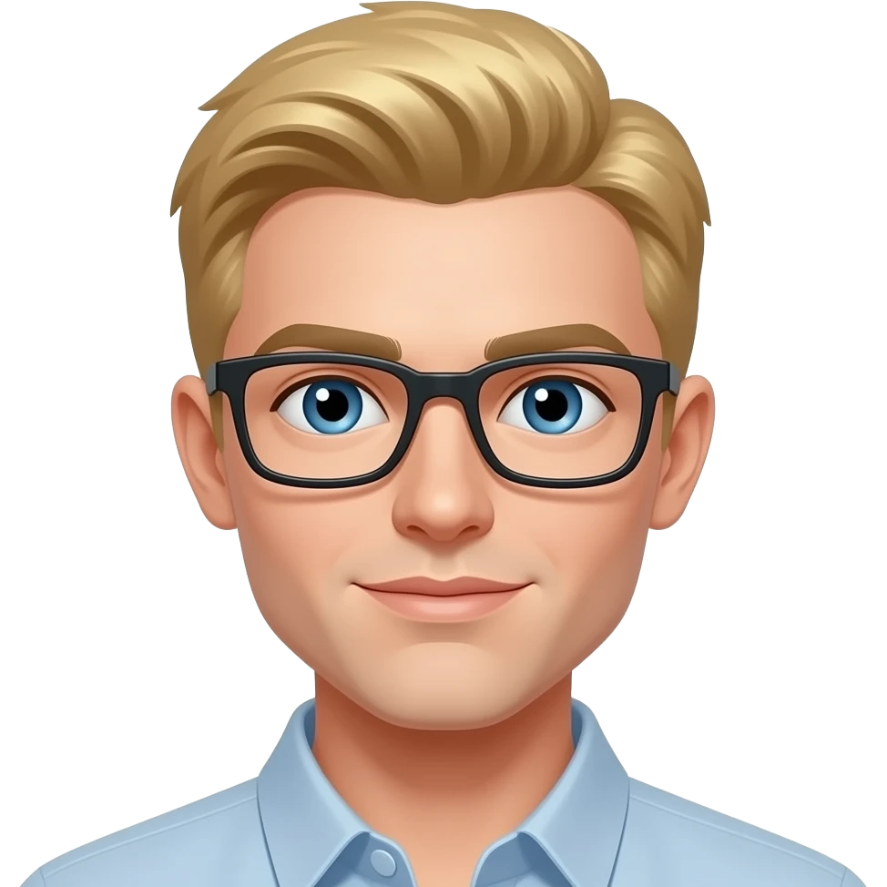 Голова парня с русыми волосами голубыми глазами в прямоугольных очках с тонкой оправой, черного цвета emoji