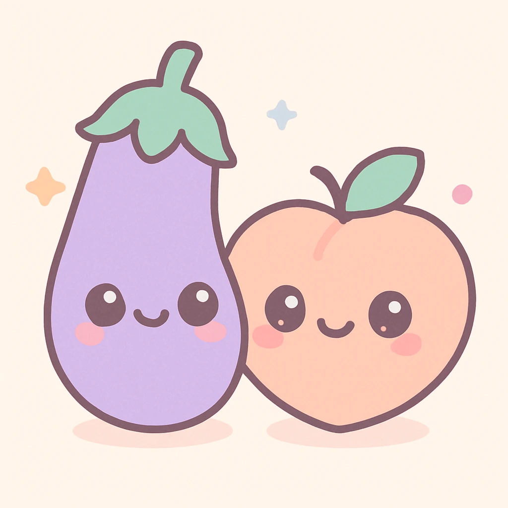 eggplant and peach together, suggestive but not explicit, kawaii style, cute faces emoji