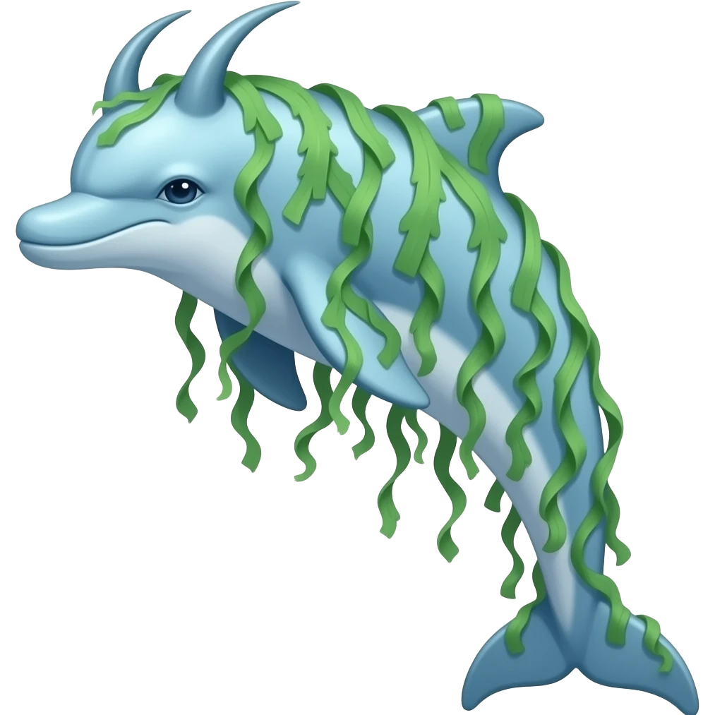 Kelphin A graceful light blue dolphin creature covered in ribbon-like seaweed with spikes and a horn. emoji