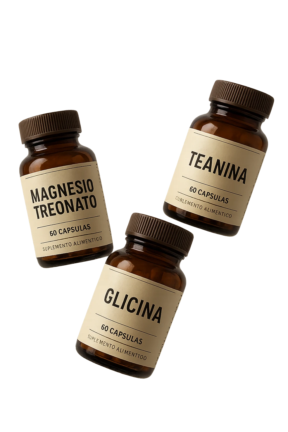 3 boccette di integratori: Magnesio Treonato, glicina, teanina, fluttuano in aria emoji