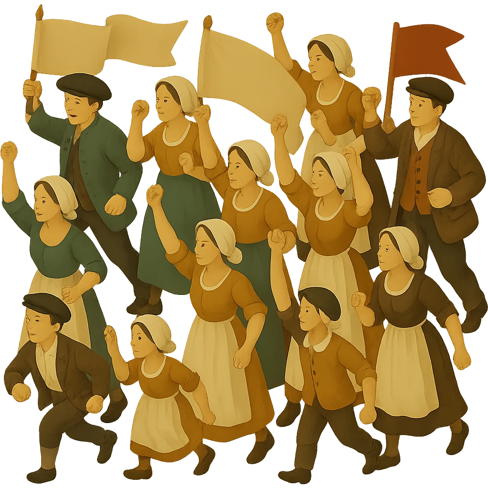 Add banners and flags to the 18th century crowd, isometric full body, period-appropriate clothing and hats, men, women, and children, dynamic arrangement, no background, no text. Maintain the style of the original image with an isometric perspective and detailed period clothing. emoji