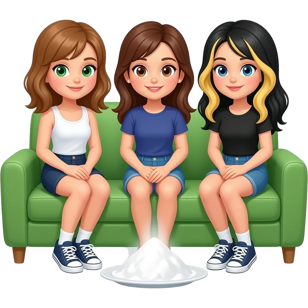 Three girls sitting on a green sofa with white powder on a plate. One brownish blonde hair and green eyes with white tank top, one brunette, and one black hair with blonde highlights emoji