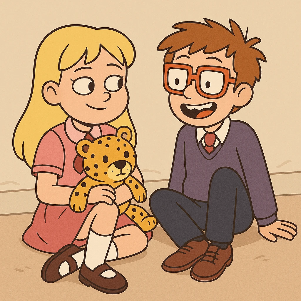 A Girl yellow hair Baby dresses pink school uniform white knee highs sock brown loafer girls shoes plushie Cheetah a boy orange glasses with shirt pjumper purple a pink red tie shoe emoji
