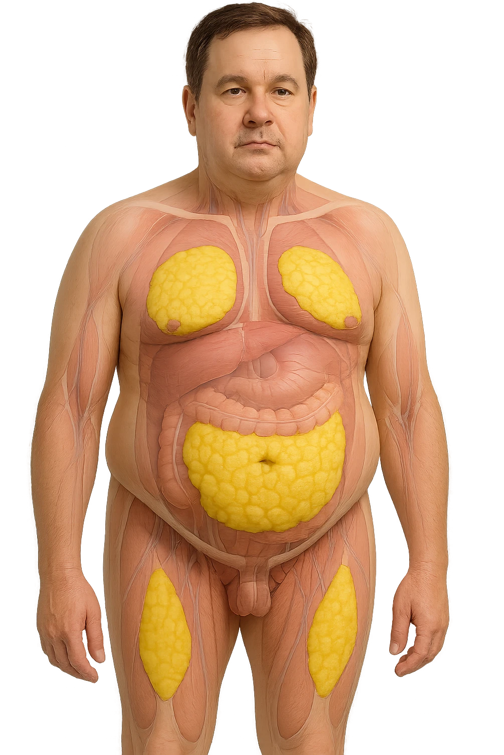 a middle-aged man stands in a clinical setting, with semi-transparent overlays highlighting areas of excess body fat accumulation—such as the abdomen, chest, and thighs. The fat tissue is shown in yellow, contrasting with underlying muscles and organs. The man’s expression is neutral, and the background is clean and modern, emphasizing the educational aspect. emoji