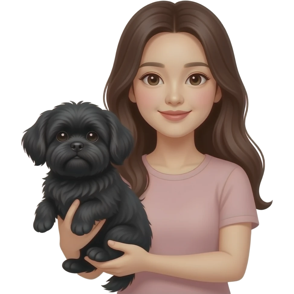 long hair korean woman holding black shih tzu emoji