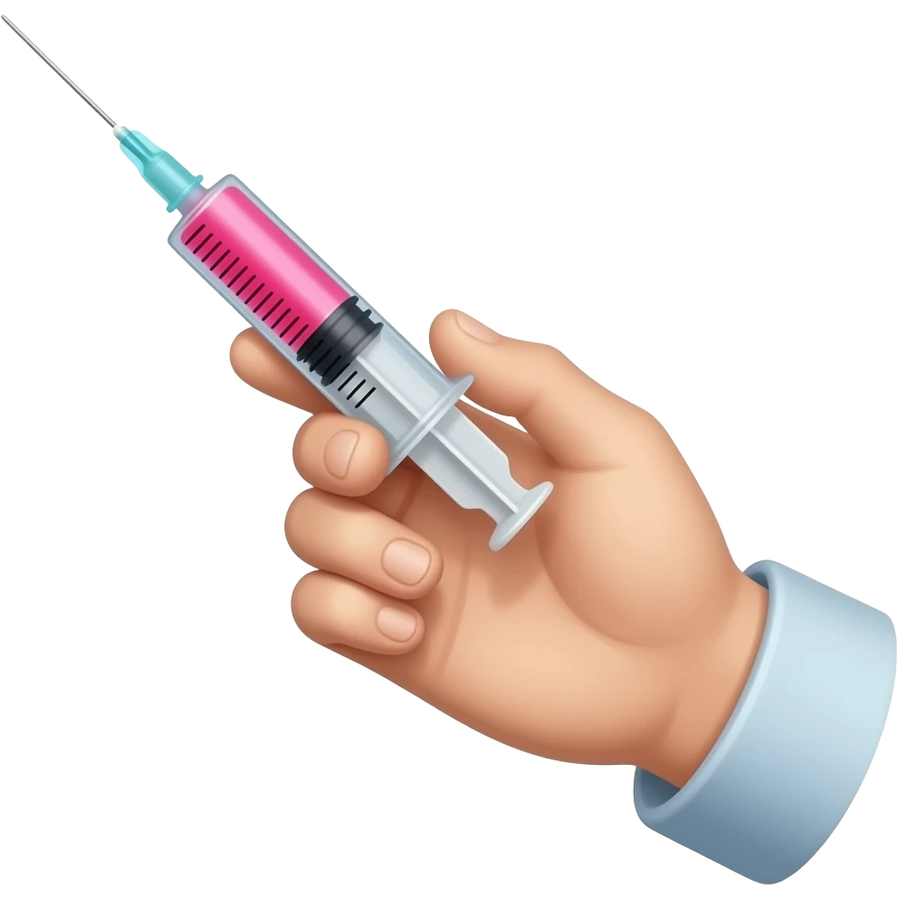 A dainty male hand holding a syringe with glowing neon-red-blue liquid inside emoji