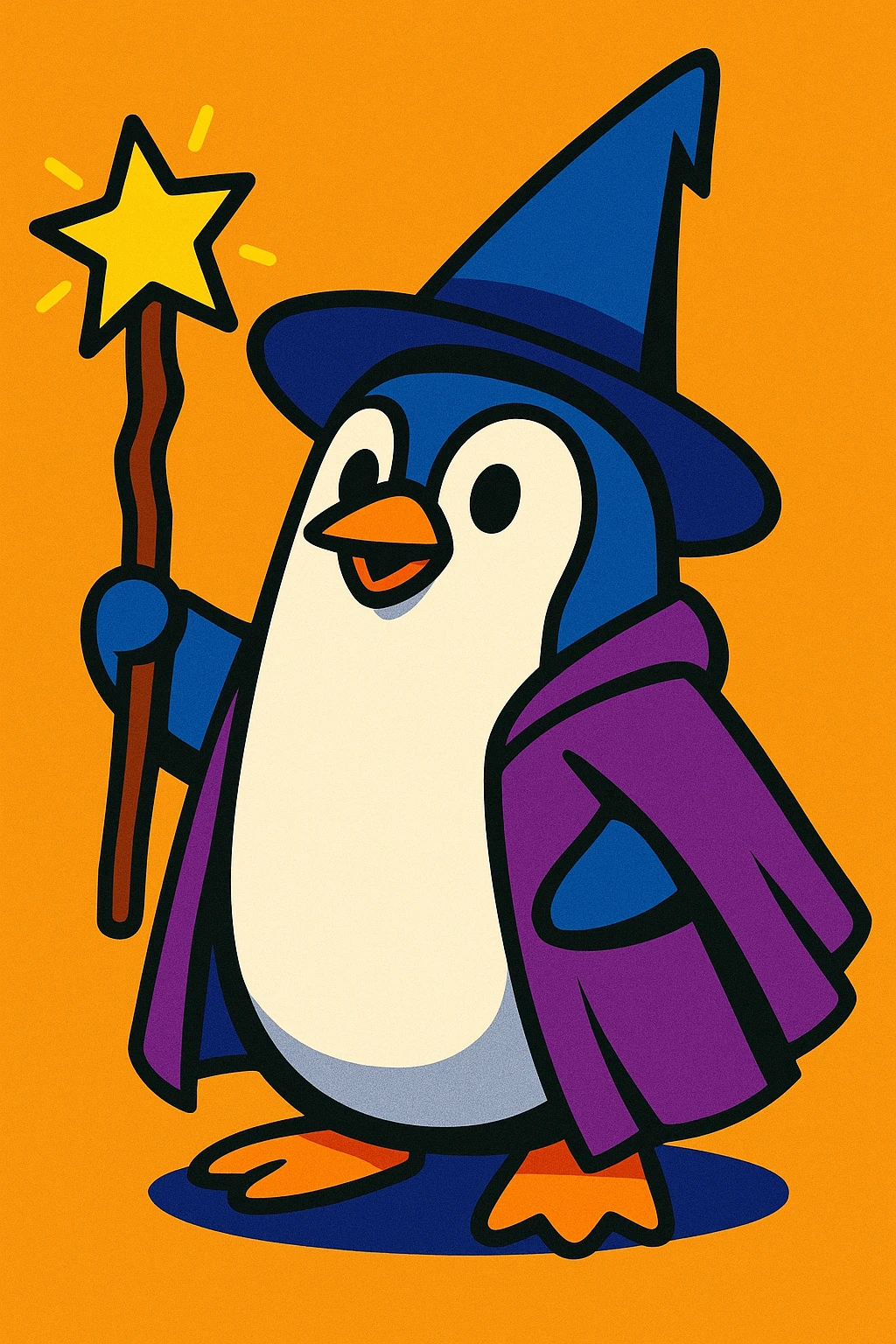 a penguin dressed as a wizard, wearing a pointed hat and holding a magic staff, vibrant cartoon style emoji