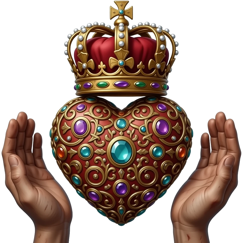 two dirty hands touch with their fingers (fingers are facing down and palms are facing up)  a rusty heart richly ornamented with arabesques and studded with precious stones with a richly decorated royal crown, dramatic lighting - backlight emoji