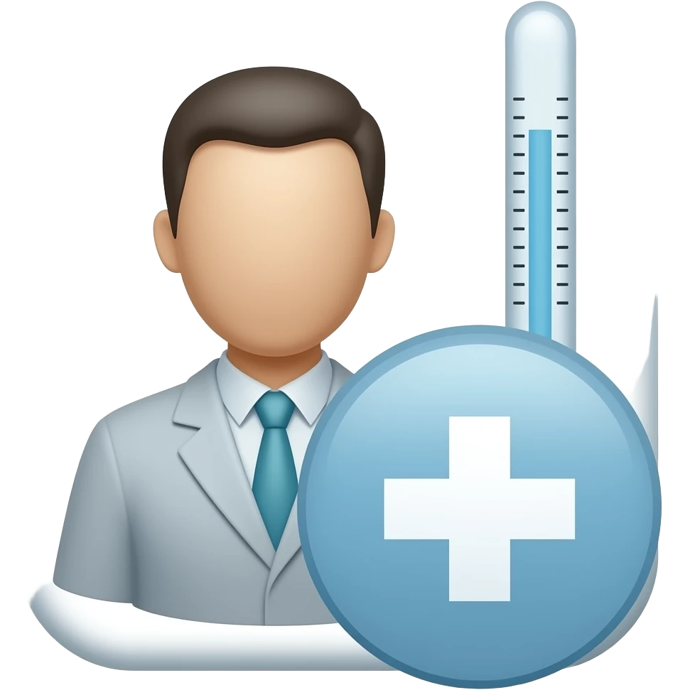 Minimalist flat design icon of a simple human figure with a thermometer and a small medical cross, clean lines, modern vector style, soft gradient (orange and light red), no text, transparent background emoji