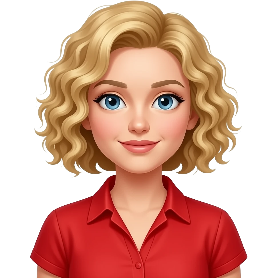 blonde tight curly hair in a short bob Summer day in a red blouse emoji