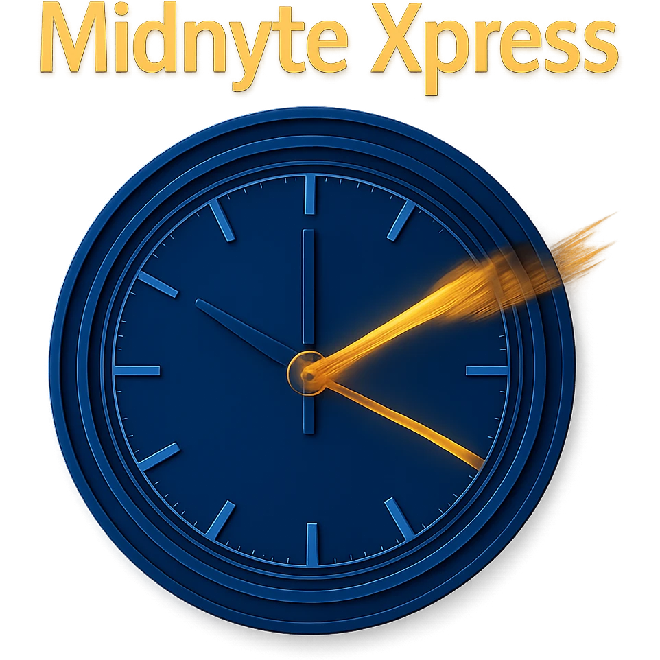 Change the clock face color to deep blue, keeping the motion blur on the hands, glowing effect, realistic style, and 'Midnyte Xpress' text above. Transparent background. Maintain the realistic style and effects as in the original images. emoji