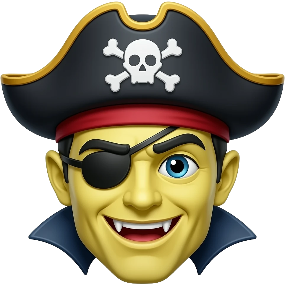 A yellow classic emoji but it's a smiling vampire with a pirate hat emoji