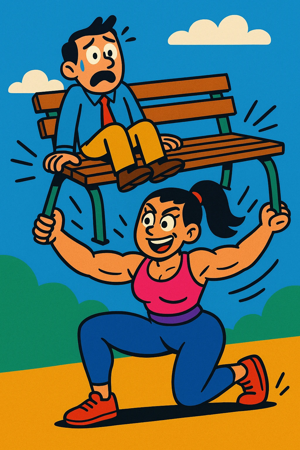 A woman lifting a bench with a frightened man sitting on it, cartoon style, colorful and dynamic emoji