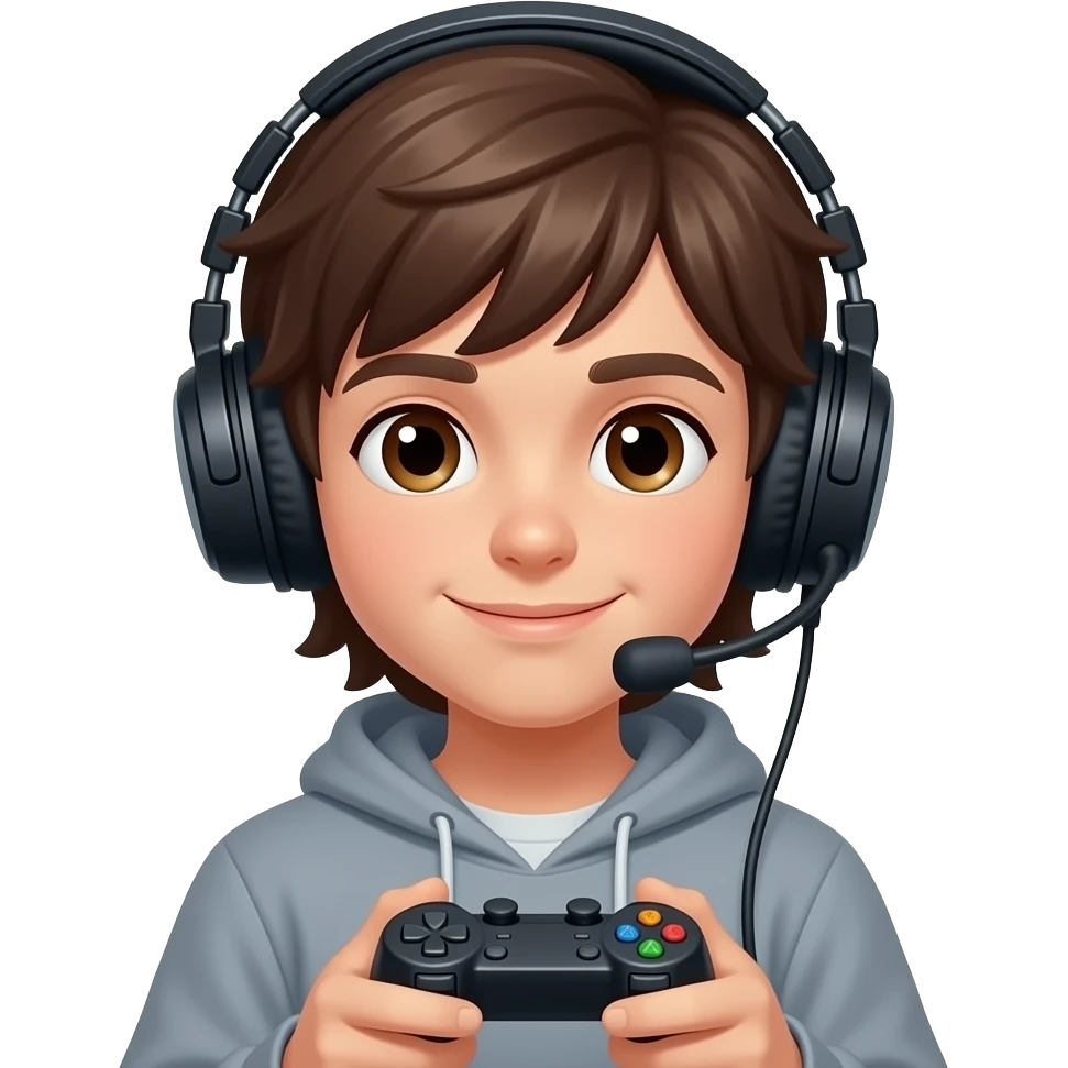 Fais un garçon brun aux cheveux longs jusqu'au cou avec un casque de gamer et une manette dans la main emoji
