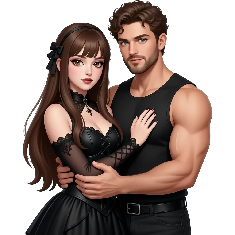 realistic sexy pale skin long straight brown hair girl brown eyes long face wearing gothic dress and gothic makeup HD and her muscular man short brown curly hair and beard hugging emoji