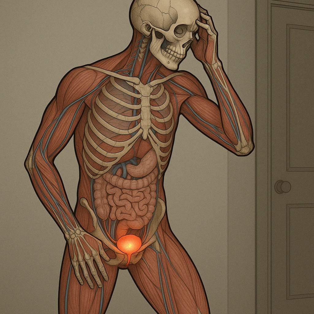 CORPO UMANO ANATOMICO CHE SI SVEGLIA LA NOTTE PER SVUOTARE LA VESCICA, VESCICA ANATOMICA IN EVIDENZA, SFONDO CHIARO NEUTRO emoji