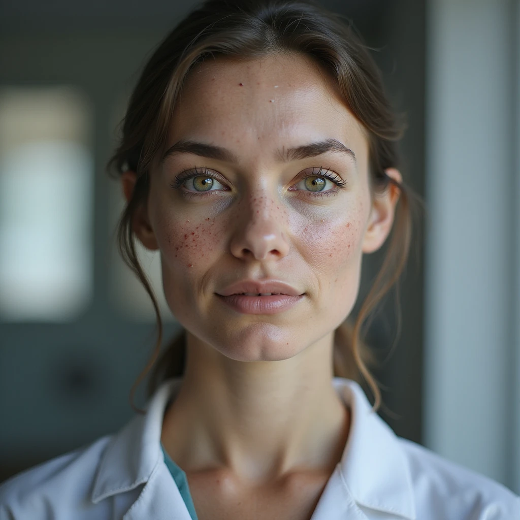 realistic woman with PCOS, face with acne, chin hair, thinning hair, hyperrealistic 4K details, medical environment emoji