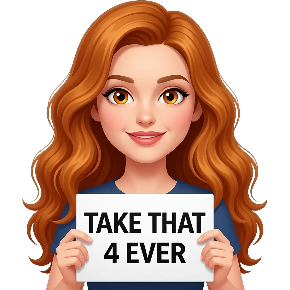 a sexy girl with long wavy ginger hair and ginger eyes is holding a TAKE THAT 4 EVERsign emoji