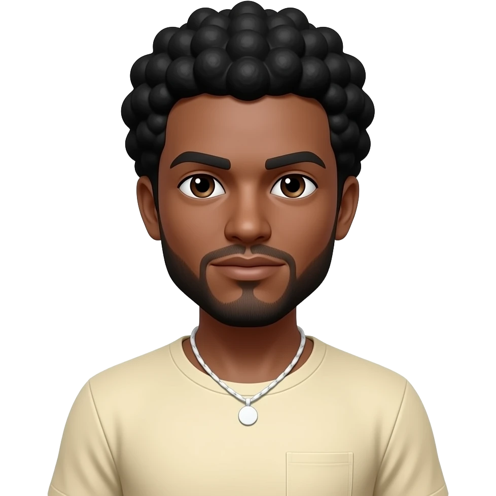 CoryxKenshin with dark brown eyes, black afro hair and short beard, ivory metallic t-shirt, white neck bracelet emoji