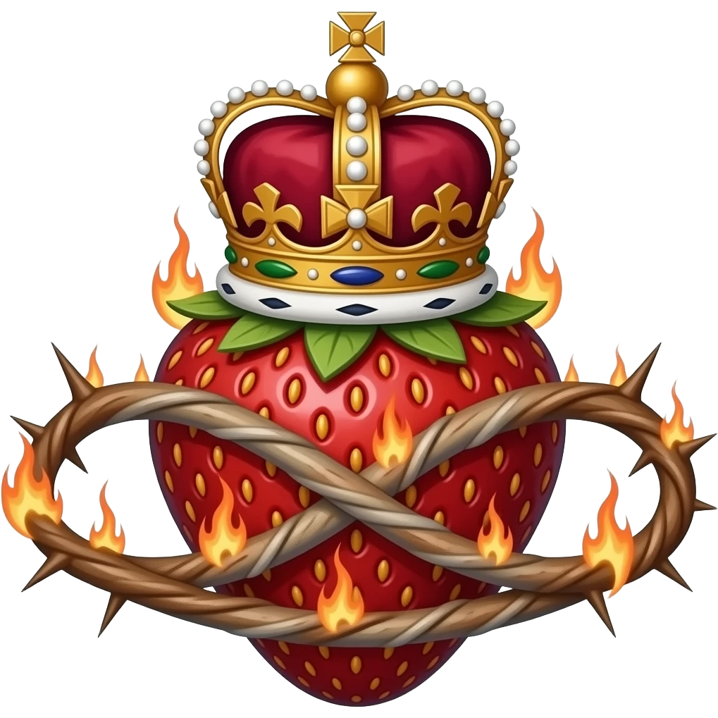 a rusty strawberry with a rusty, richly decorated English royal crown on top that is flaming. A crown of thorns is wrapped around the strawberry's body and is spinning around its body in the form of an infinity sign emoji