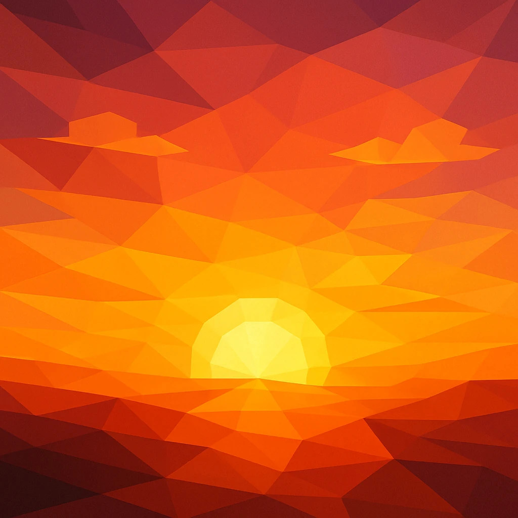 aesthetic morning sunrise, vibrant warm colors, sun peeking over horizon, minimal clouds, in Polygonal style emoji