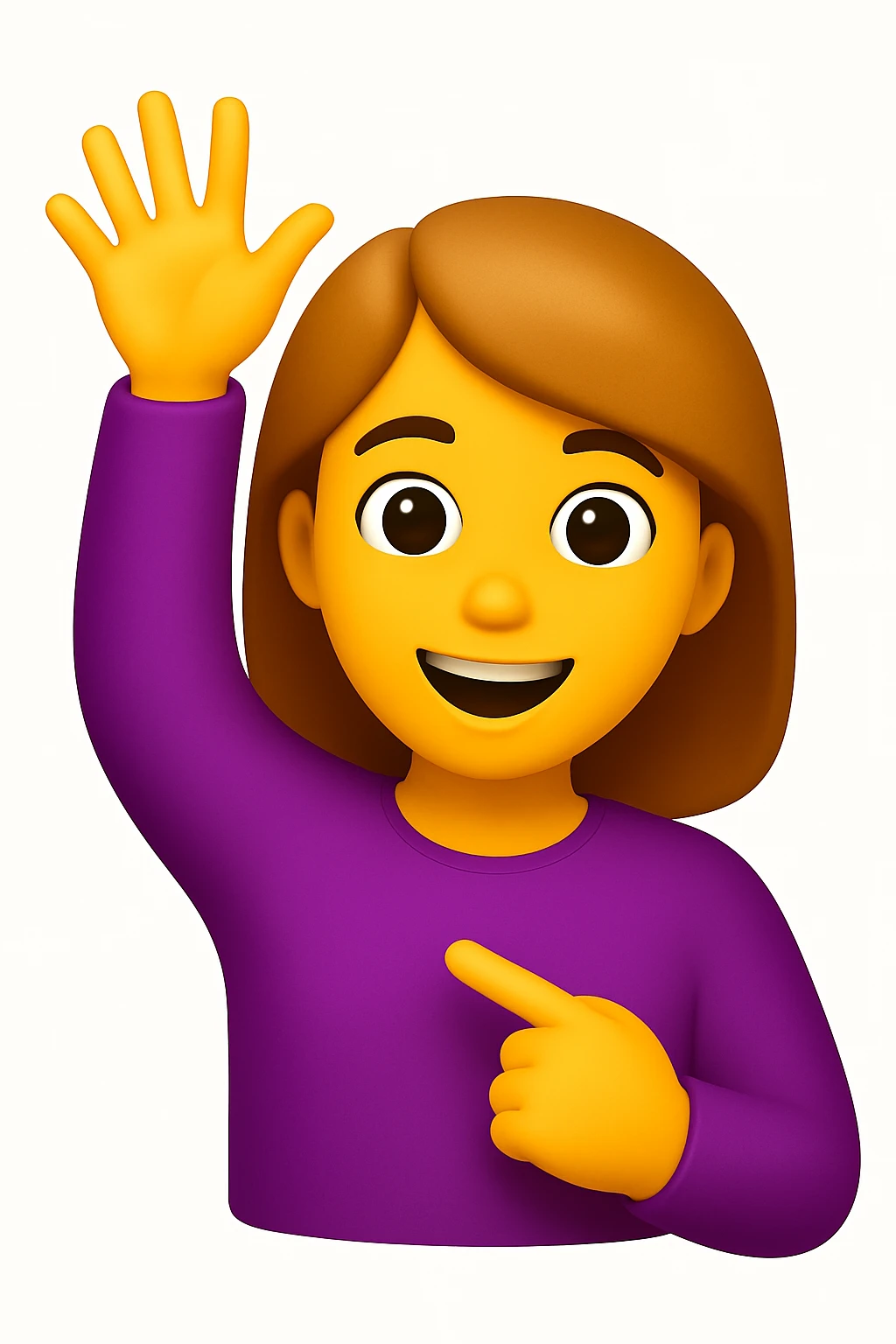 A 3D emoji in iOS emoji aesthetic style of a cheerful cartoon person raising one hand in the air while pointing to themselves with the other hand, smiling proudly, expressive and confident pose, glossy Apple-style design, clean white background
 emoji