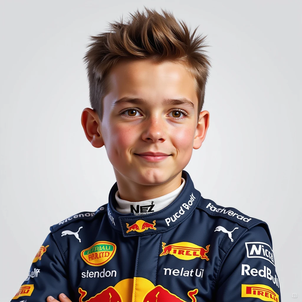 portrait of Max Verstappen, Formula 1 driver, realistic style, wearing racing suit in Red Bull Racing colors, confident expression, short brown hair, detailed and lifelike emoji