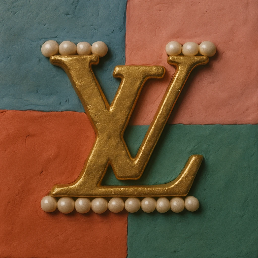Louis Vuitton LV monogram, metallic gold, pearl border, elegant, claymation style emoji