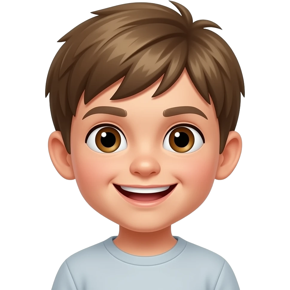 Niño pequeño pelo rubio oscuro liso rebelde feliz ojos marrones cara travieso emoji