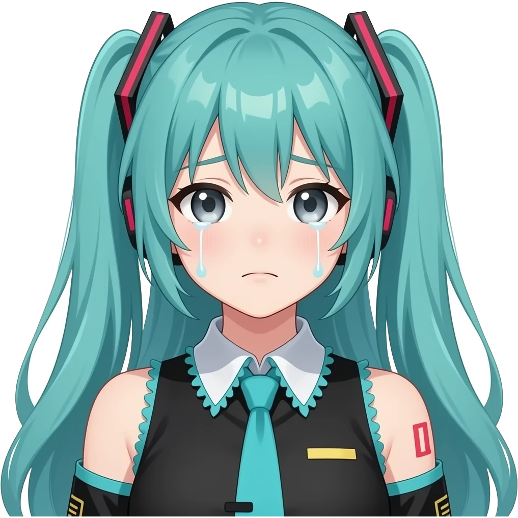 anime girl, crying face, long flowing teal hair, grey eyes, black shoulder cyberpunk blouse with fancy white collar emoji