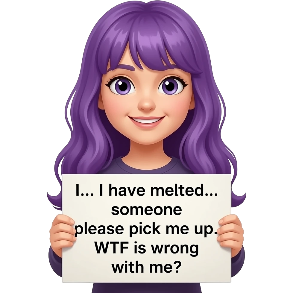 girl with long purple hair with a I... I have melted... someone please pick me up WTF is wrong with me? sign emoji