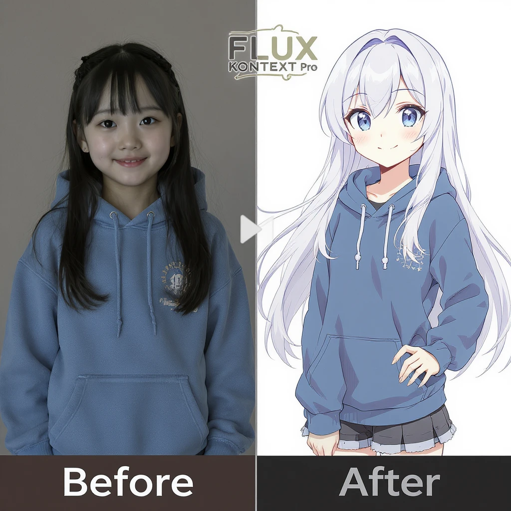 create before after image of a girl before is realsitic photo, after is anime version of her in same pose and clothes, add logo with text of a "FLUX Kontext Pro" emoji