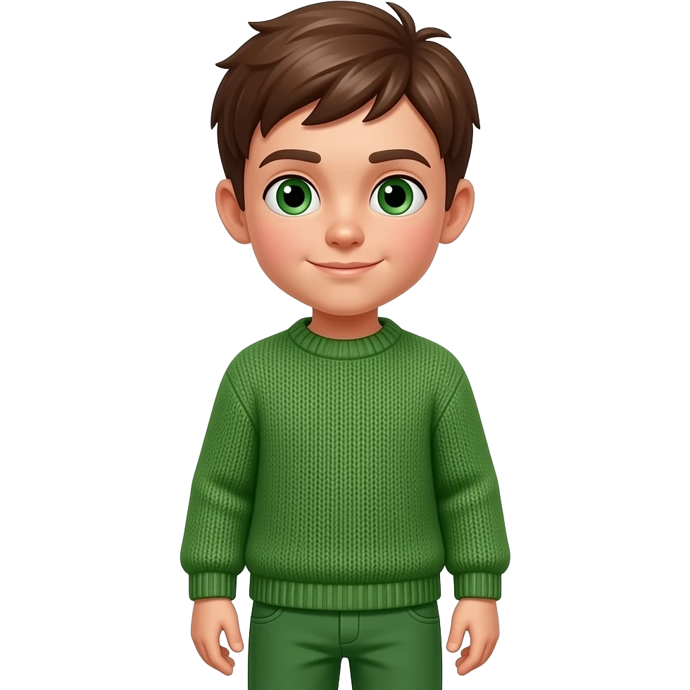 Un niño con un jersey verde, su cara es normal i su nariz también, ojos de color verde pantalones también verdes i el pelo de color marron emoji