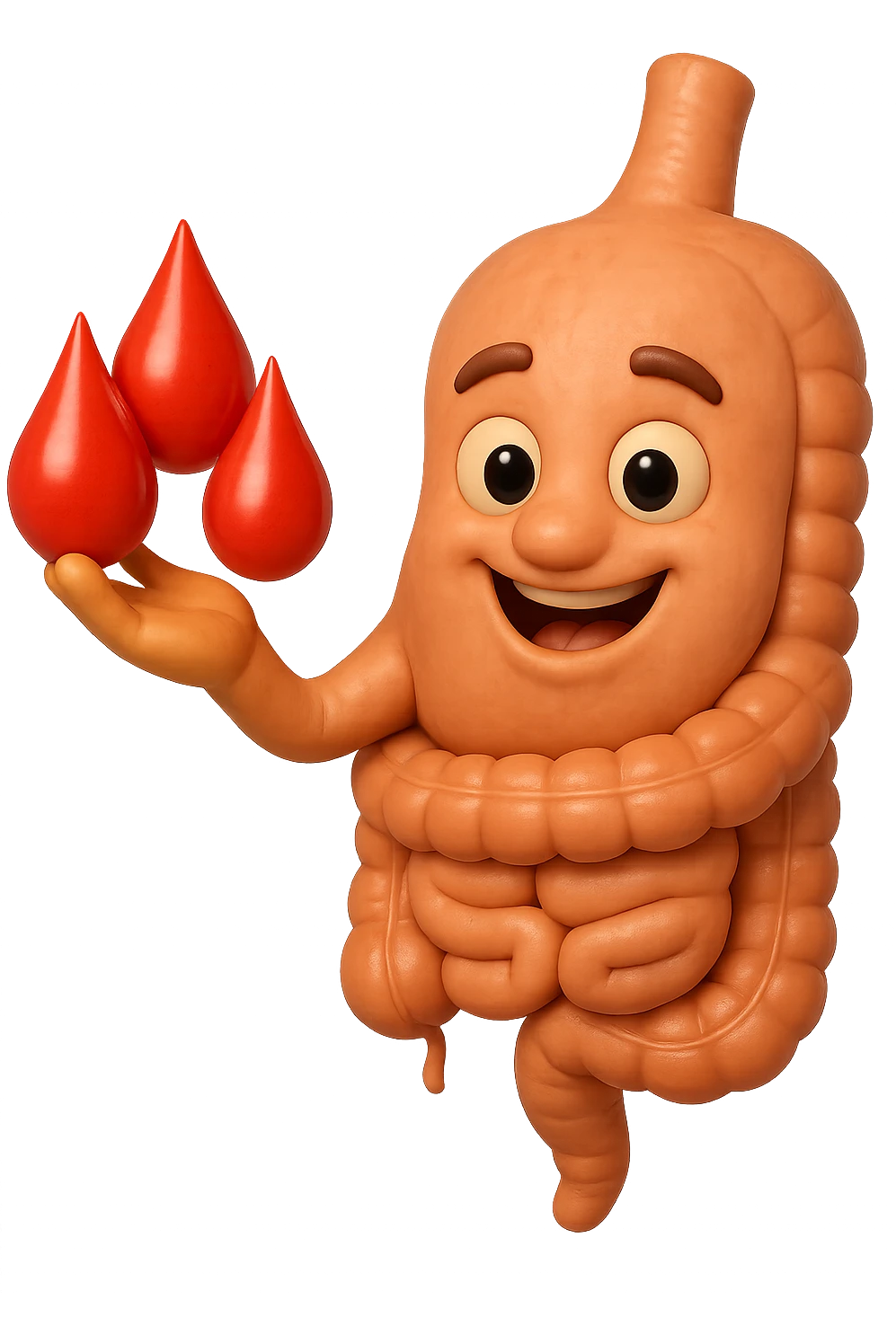 emoji stile iphone 3d di stomaco e intestino collegati verticalmente con 3 gocce di sangue 3d in mano, iperrealistiche 4k emoji