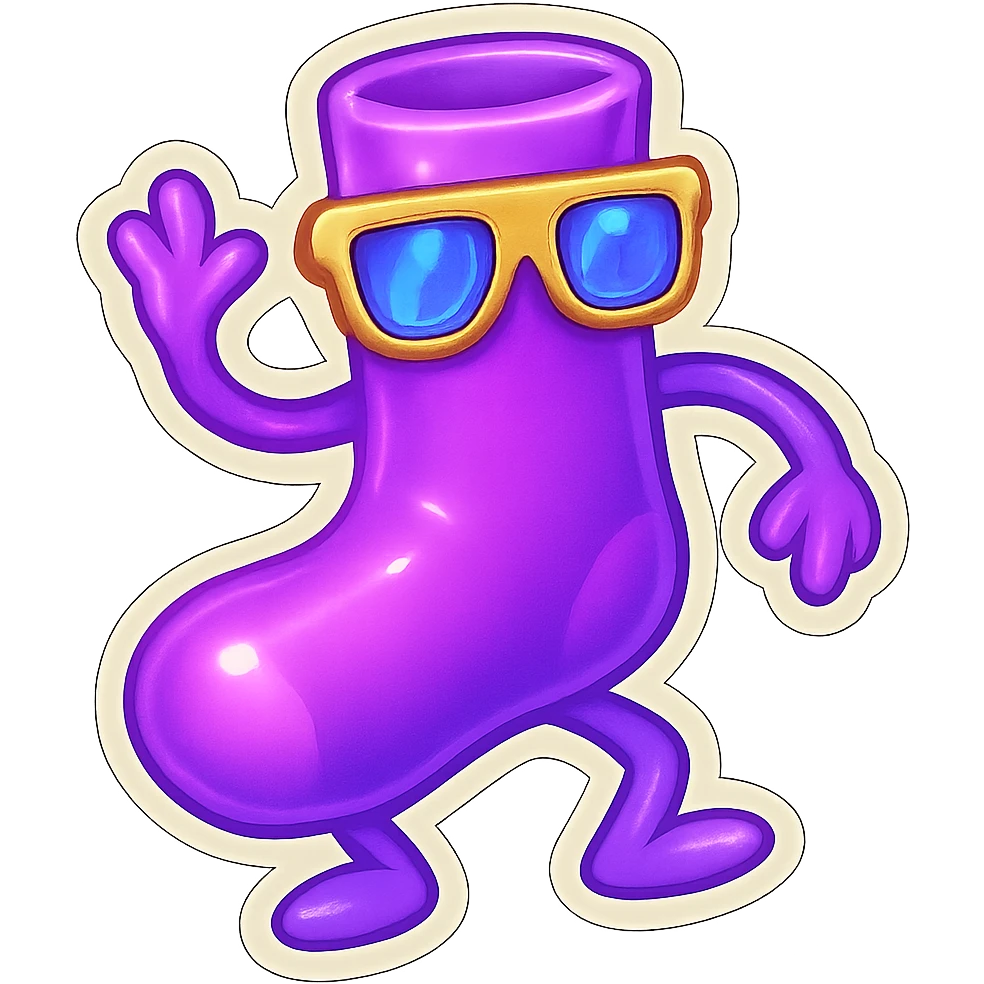 A neon-purple sock with a dancing pose, wearing disco glasses, representing dancing or celebration. emoji