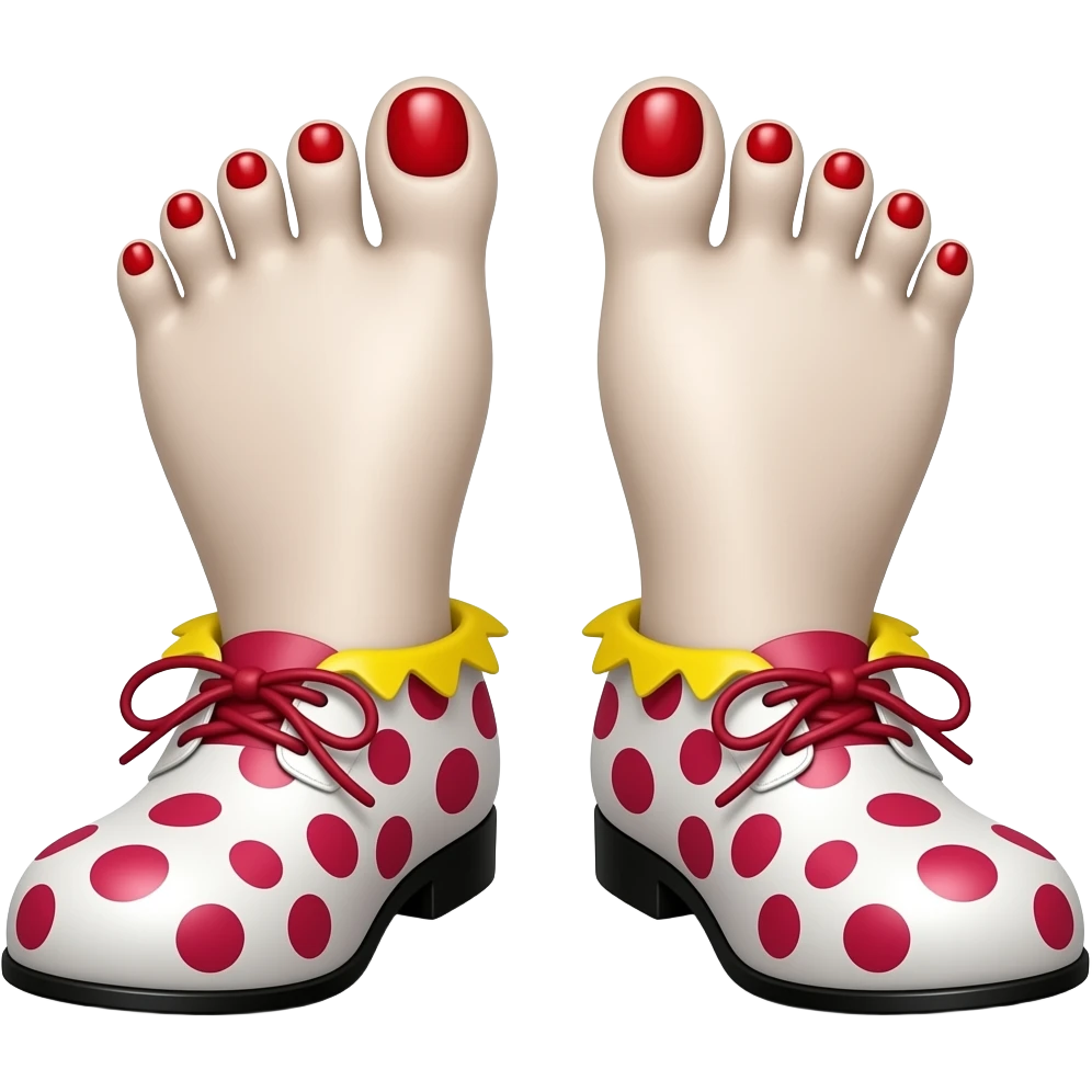 White toes with red toenails stick out of clown shoes emoji