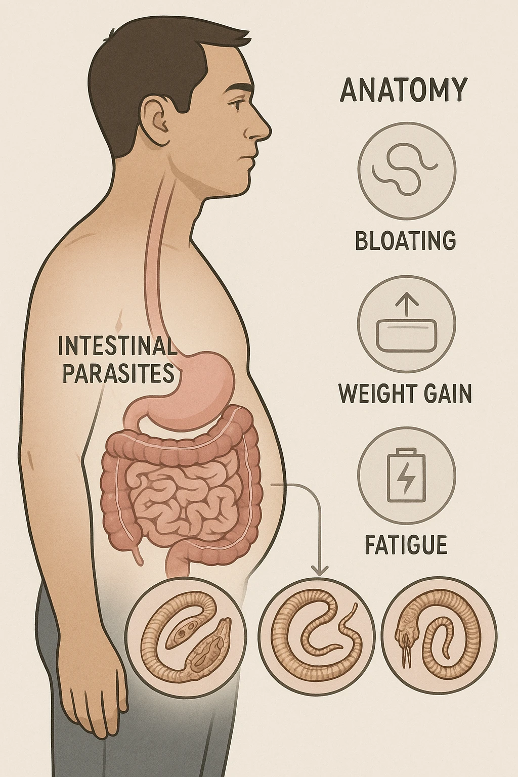 a man stands in profile, with a transparent overlay revealing his digestive tract. Inside his intestines, several enlarged, detailed representations of intestinal parasites are visible. Around the man, subtle arrows or icons indicate symptoms such as bloating, weight gain, and fatigue. The background is clinical and educational, with clear labels for anatomy and parasites. emoji