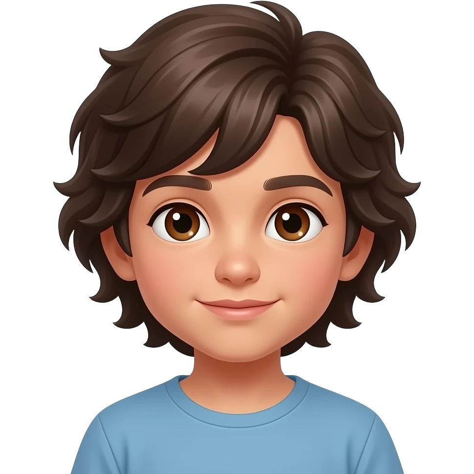 Niño pequeño con pelo marrón oscuro medio largo y ondulado, piel un poco moren ay los ojos marrones emoji
