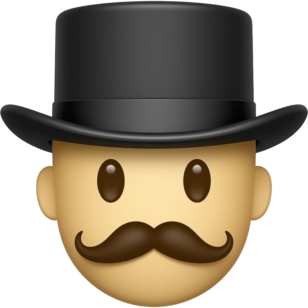 A head only with a mustach and a tophat with brown dots as eyes no ears and hair and the mouth is a straight lineand yellow skin cartoon like emoji