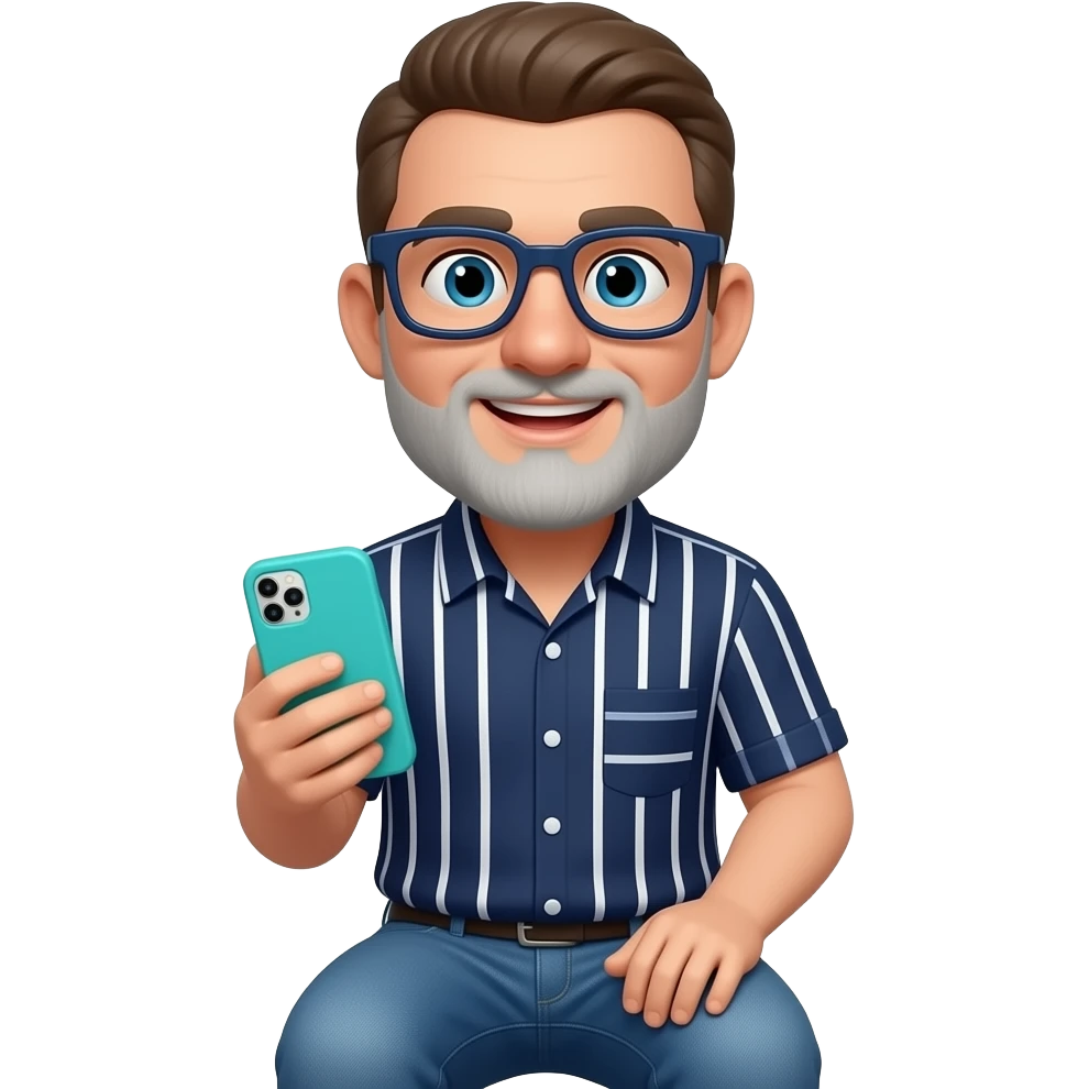 Señor sentado con orejas grandes gafas cuadradas azul oscuras nariz grande y un poco de barba gris clara. Está con un teléfono móvil de funda turquesa y una camisa azul marino con líneas blancas verticales y horizontales y vaqueros azules. emoji
