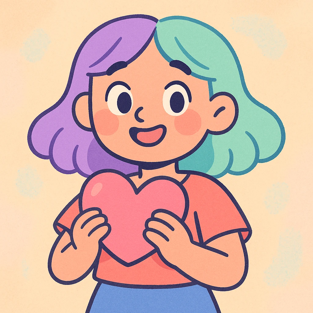 girl with half purple half green hair holding a heart, soft pastel illustration emoji