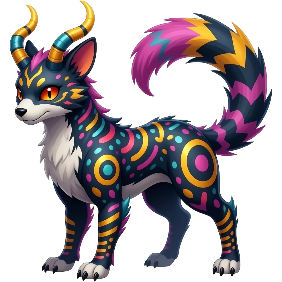 Rare warm-colored exotic edgy epic aesthetic gloomy spooky dark modern colorful cyber-Genet-Trico-species-Fakemon-hybrid-creature, with beautiful intricate markings, full body emoji