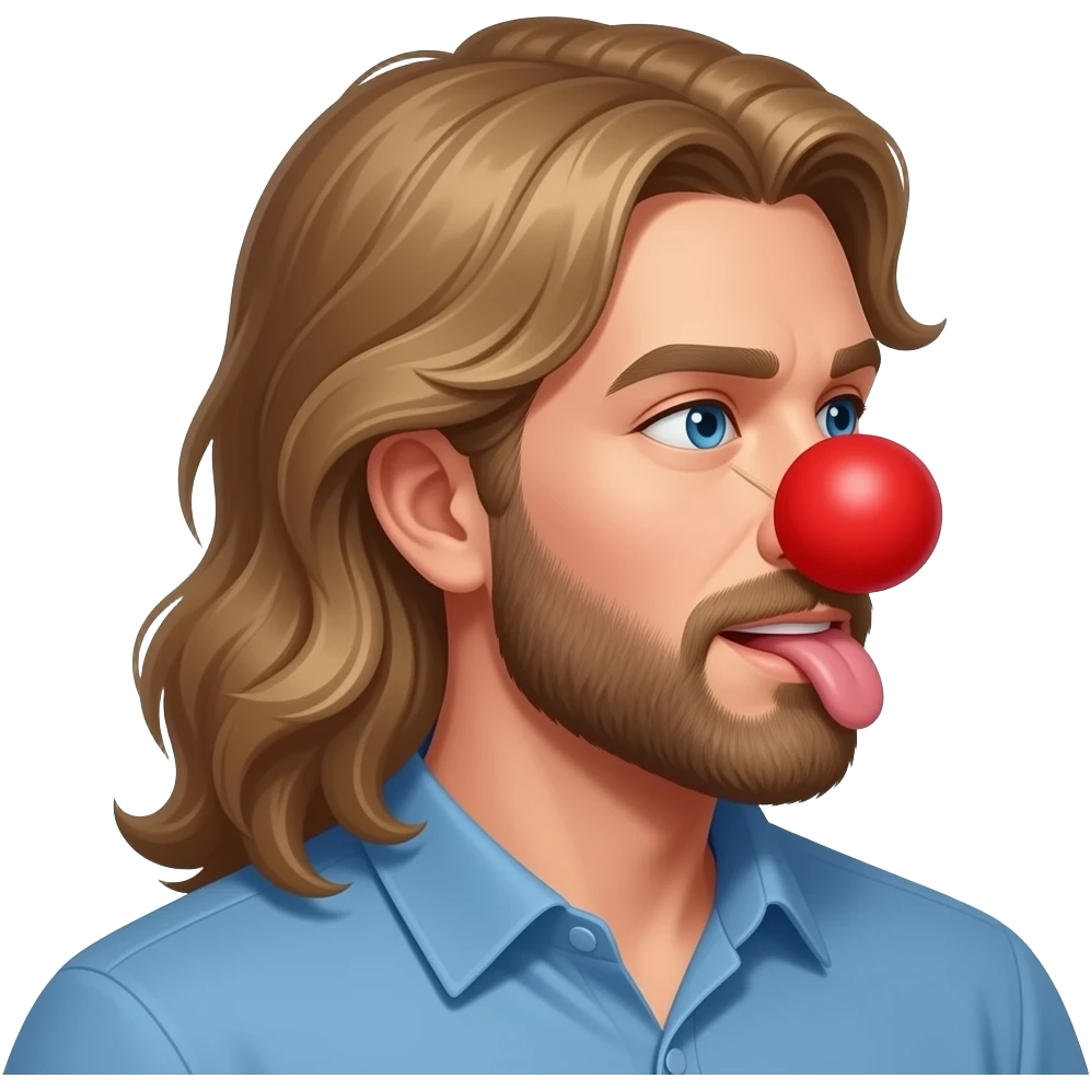 Very long light Brown hair behind the back on a man in blue shirt with beard Licking butt with red foam clown nose in Apple person emoji format emoji