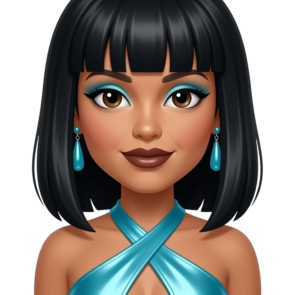 Lisa Left Eye Lopes from TLC with dark brown eyes, black 90s straight medium hair with bang, cyan eyeshadow, dark brown lipstick, cyan metallic halter dress, cyan earrings emoji